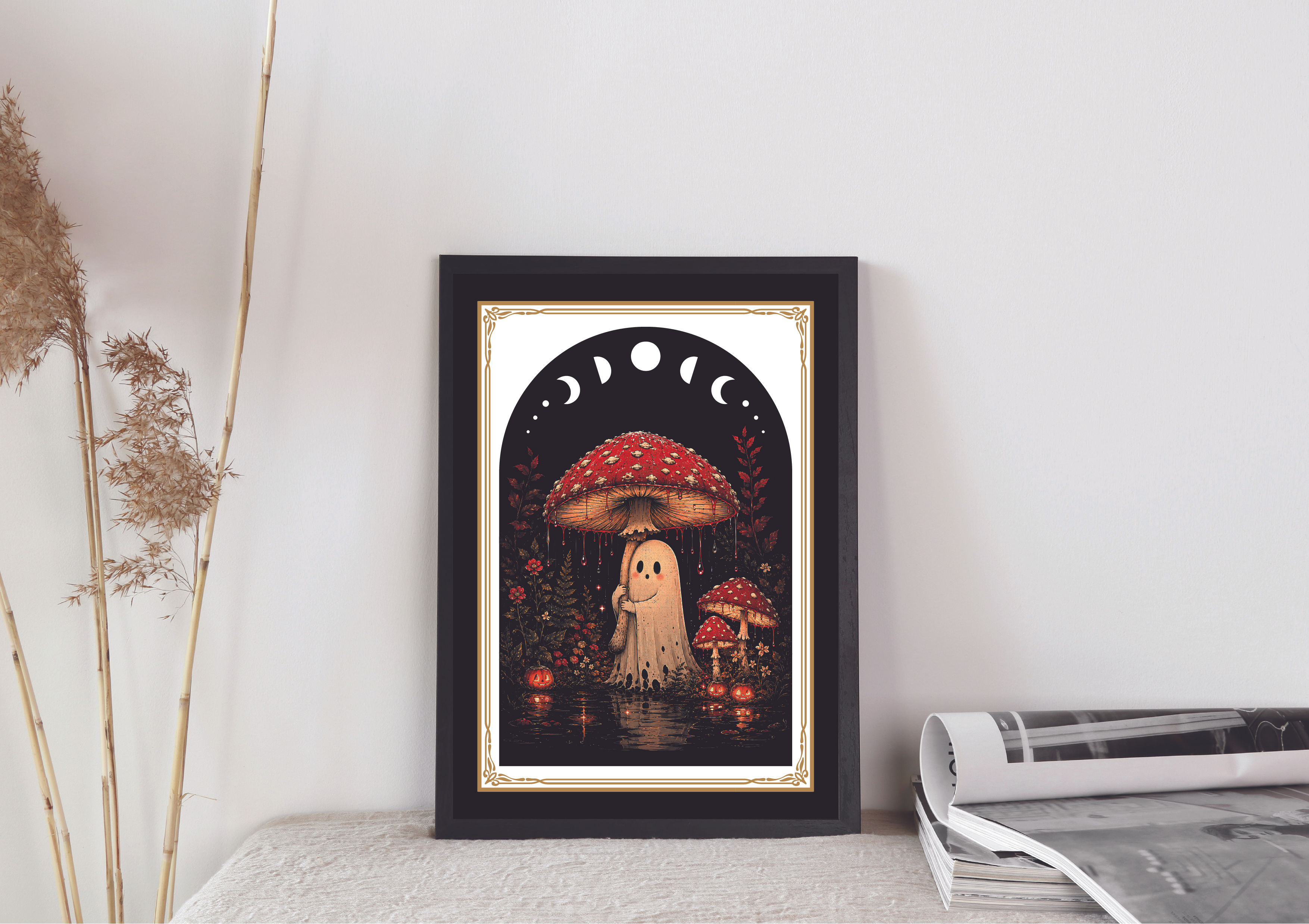cute ghost holding mushroom umbrella gothic Print A4, A5, A3