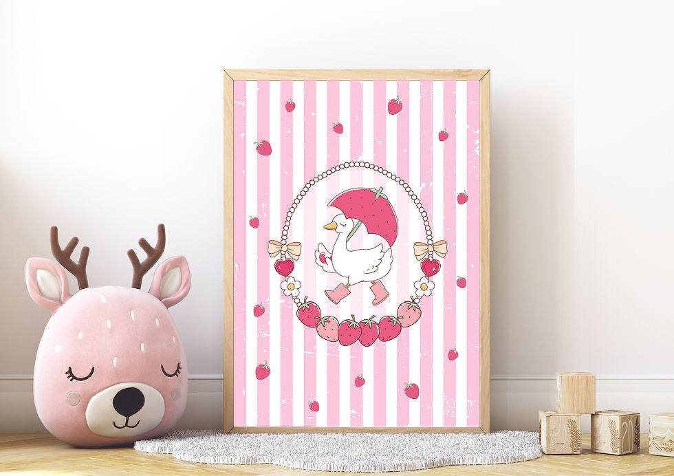 Thumbnail: 1x pastel Pink strawberry goose children's nursery print A4, A5 or A3