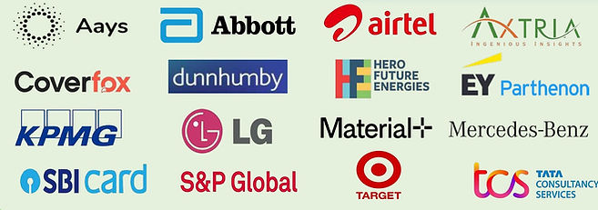 Logo grid of prominent 2025 recruiters: Aays, Abbott, airtel, Axtria, Coverfox, dunnhumby, Hero Future Energies, EY Parthenon, KPMG, LG, Material+, Mercedes-Benz, SBI card, S&P Global, Target, and TCS Tata Consultancy Services.