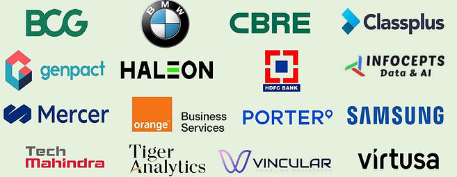 Logo grid of prominent 2025 recruiters: BCG, BMW, CBRE, Classplus, genpact, HALEON, HDFC Bank, INFOCEPTS Data & AI, Mercer, Orange Business Services, PORTER, SAMSUNG, Tech Mahindra, Tiger Analytics, VINCULAR, and Virtusa.