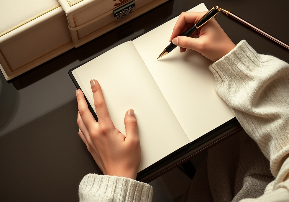 A luxury Chanel style writing desk viewed from above with diary and pen, woman's hands.png