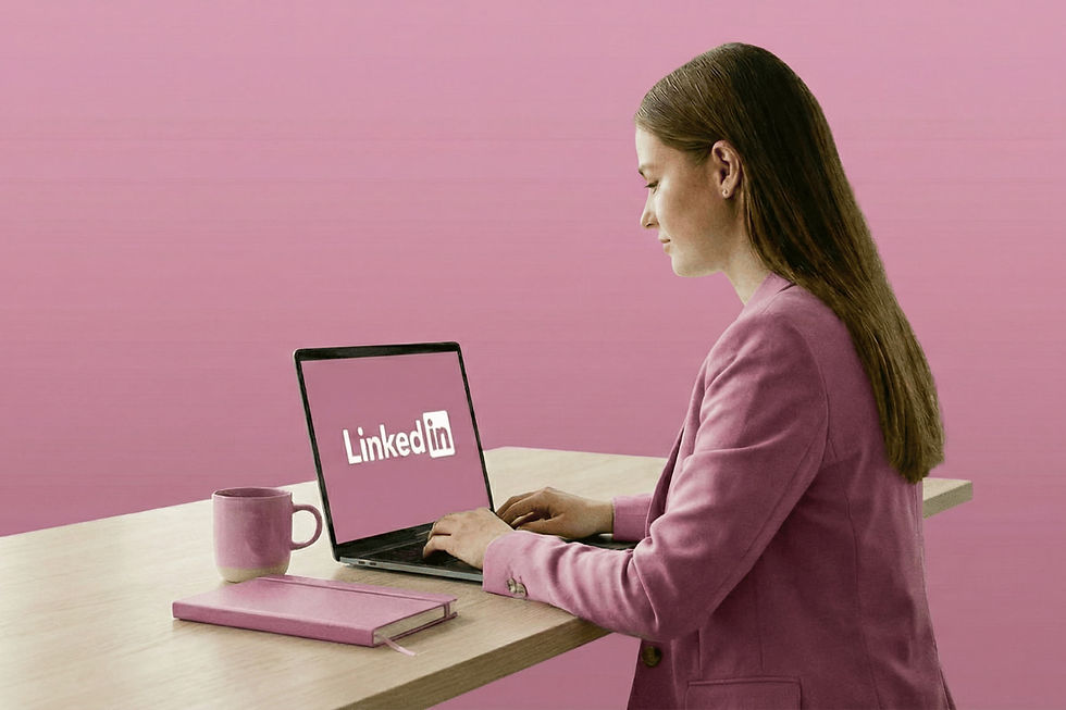 photographie-femme-habillee-tailleur-rose-sur-ordinateur-linkedin-bureau-carnet-tasse