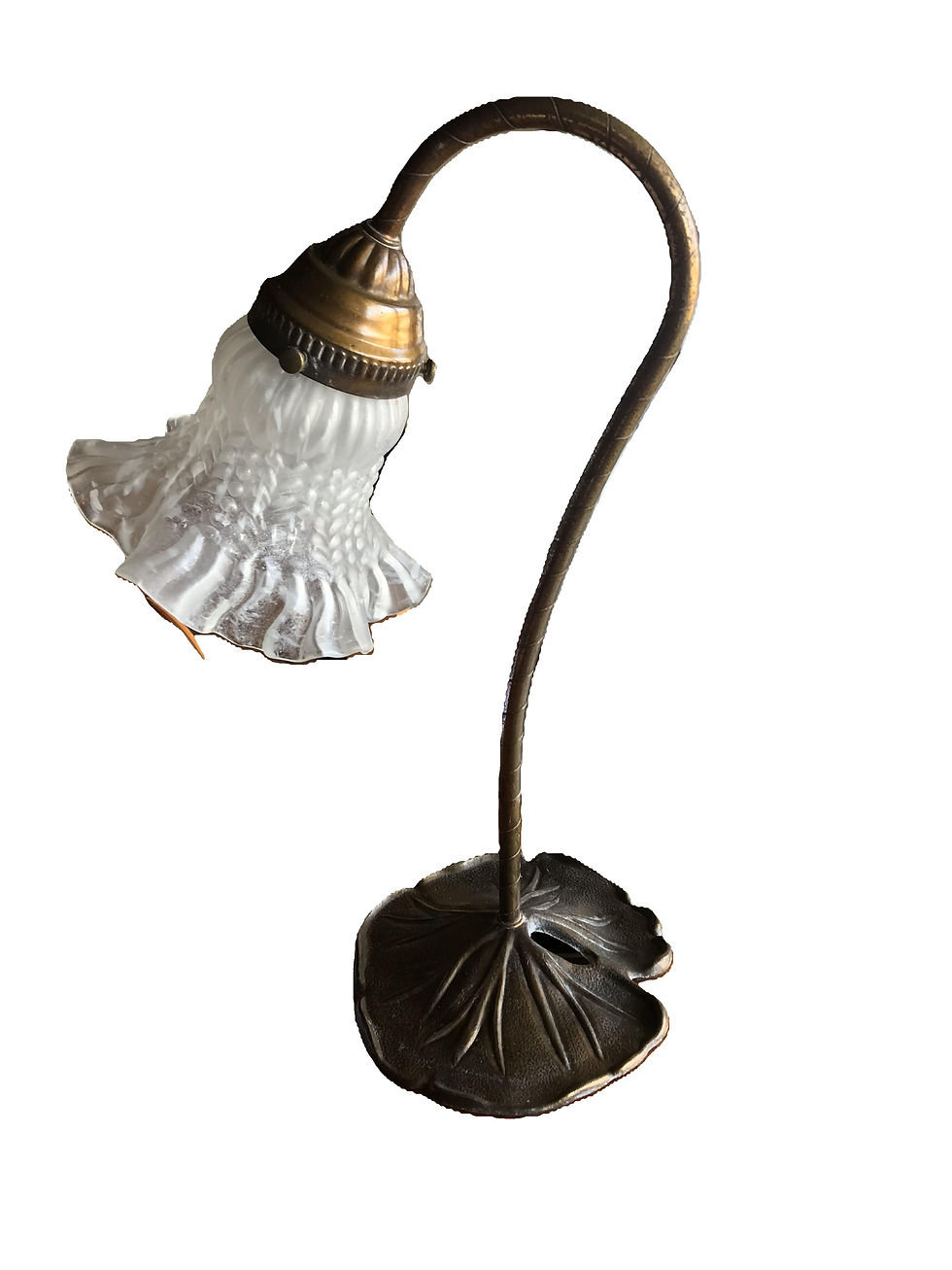 Close-up view of a vintage bronze desk lamp showcasing intricate lily pad design