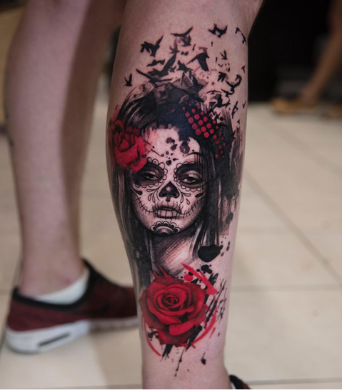 trash polka tattoo (face & roses)