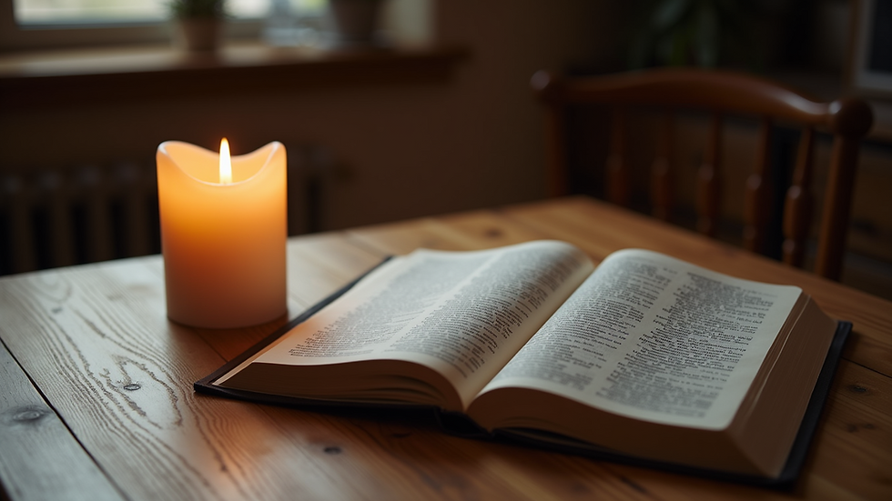 High angle view of a softly lit candle and open Bible on a wooden table