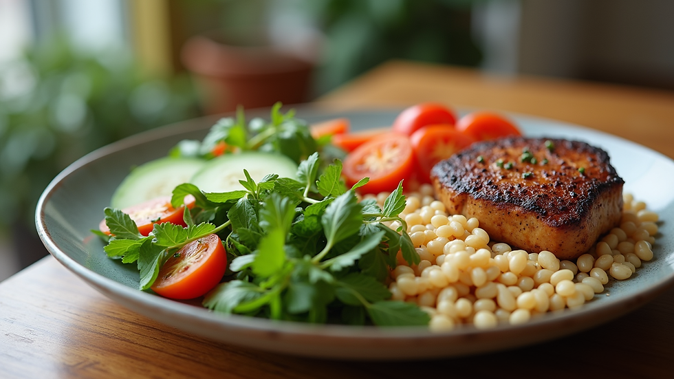 Close-up view of a balanced plate with vegetables, grains, and protein