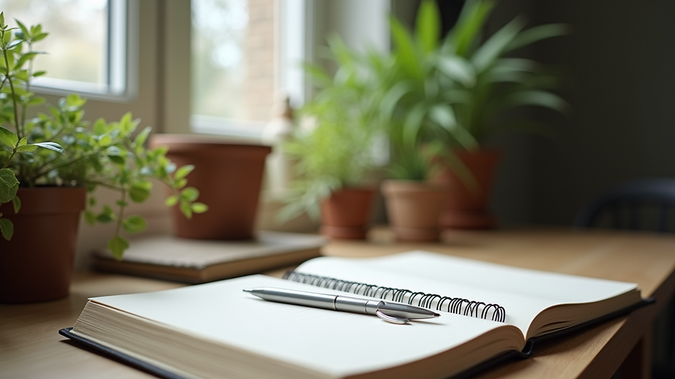 Eye-level view of a cozy home workspace with plants and a journal