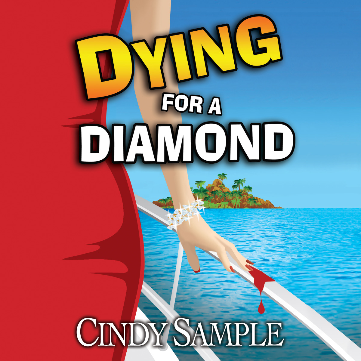 This is a cover for the "Dying for a Diamond" audiobook. It's an image of a woman's body in a red dress, her hand trailing blood along the railing of a cruise ship as the ship pulls away from an island.