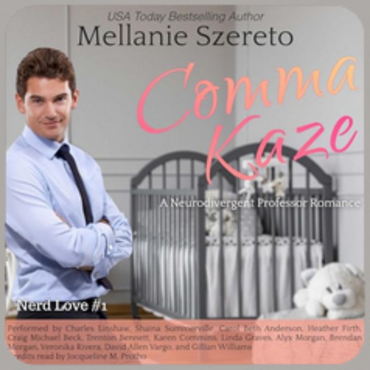 This is the cover art for the audiobook "Comma Kaze." The image is of a smiling man standing in a baby's room next to a crib.