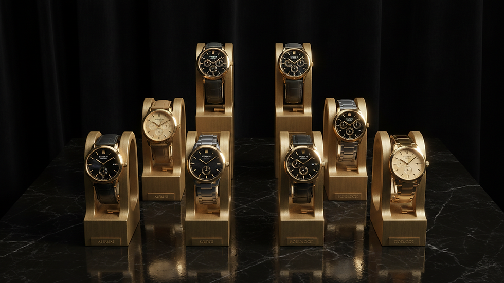 High angle view of a luxury watch display showcasing various styles and materials