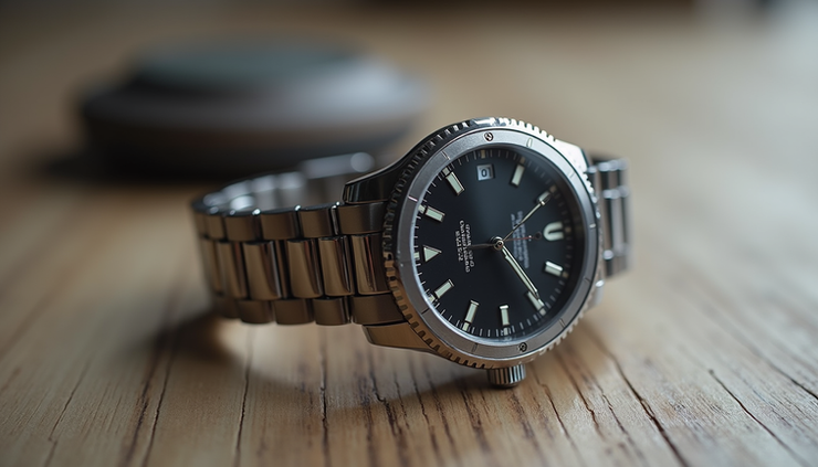 Close-up view of a luxury wristwatch with a stainless steel band and black dial