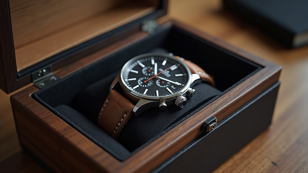 Close-up view of wristwatch in elegant packaging ready for delivery