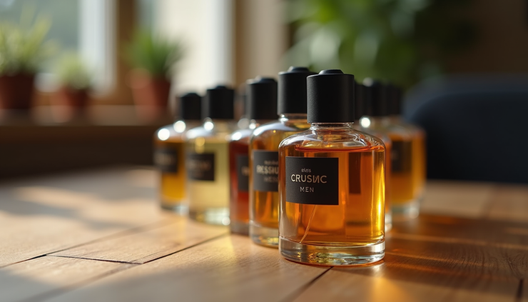 Eye-level view of a collection of men's perfume bottles arranged on a wooden surface