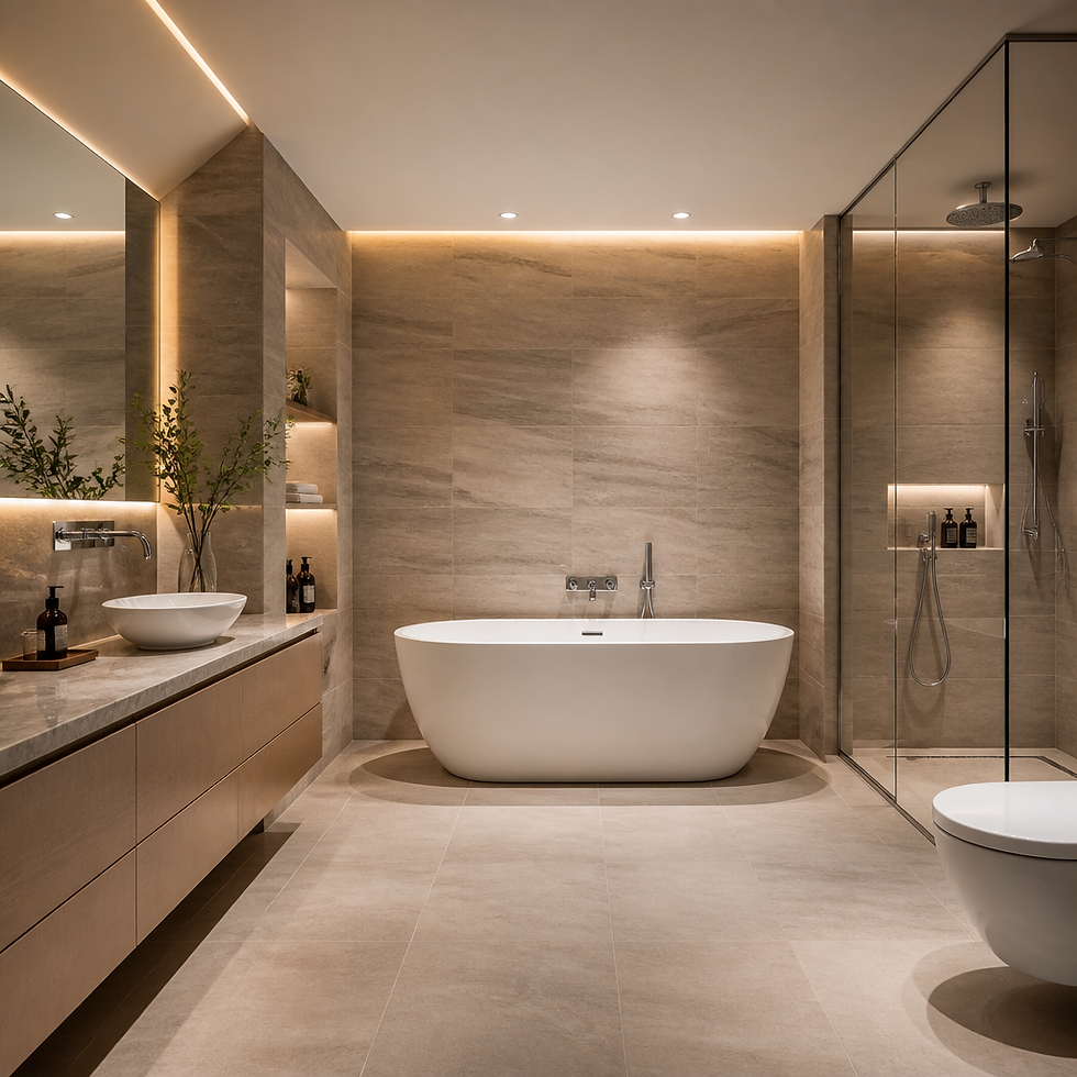 Completed modern bathroom with contemporary fixtures and neutral tones
