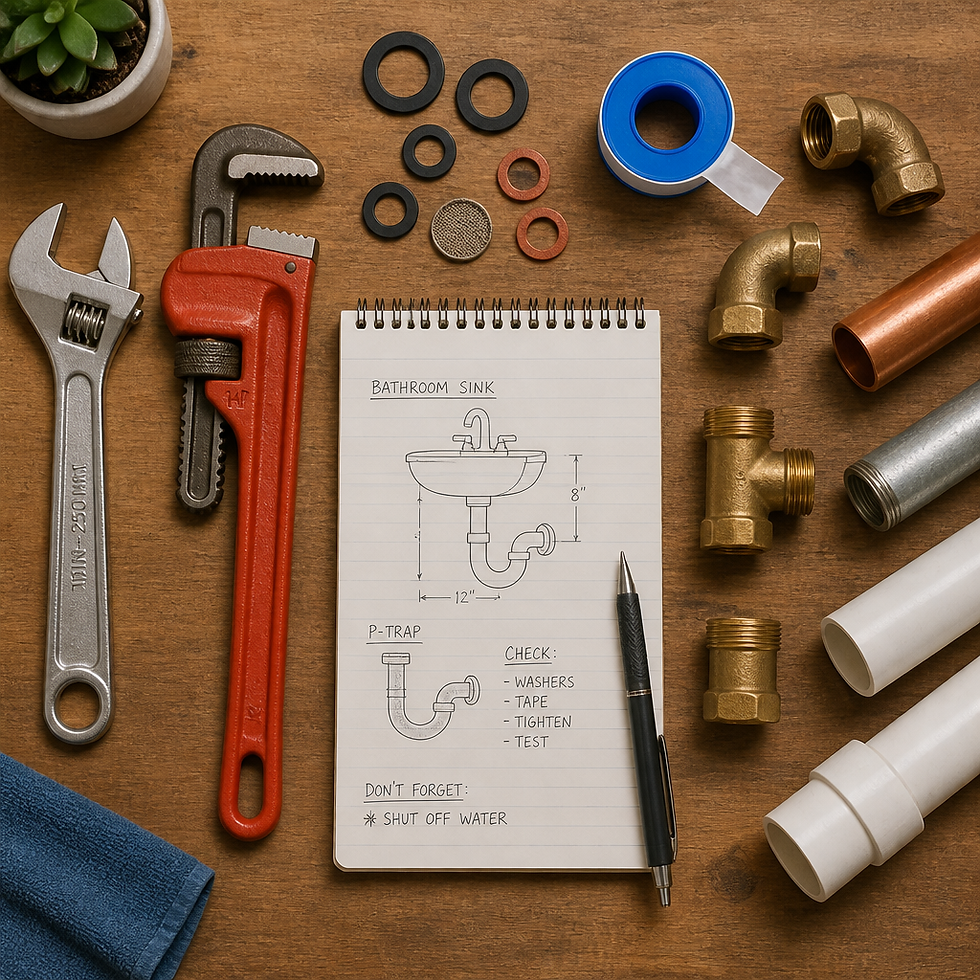 Plumbing tools and repair materials laid out on a workbench