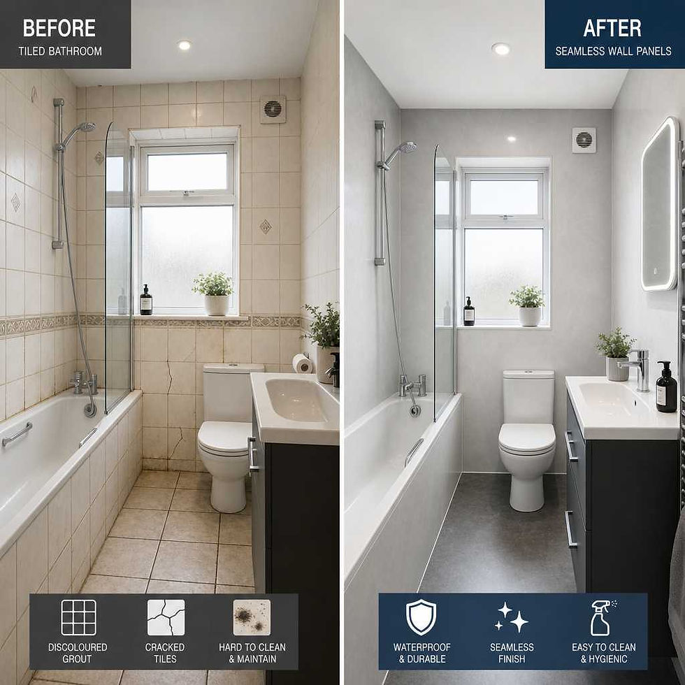 Before and after comparison of traditional tiles versus modern wall panels in bathroom