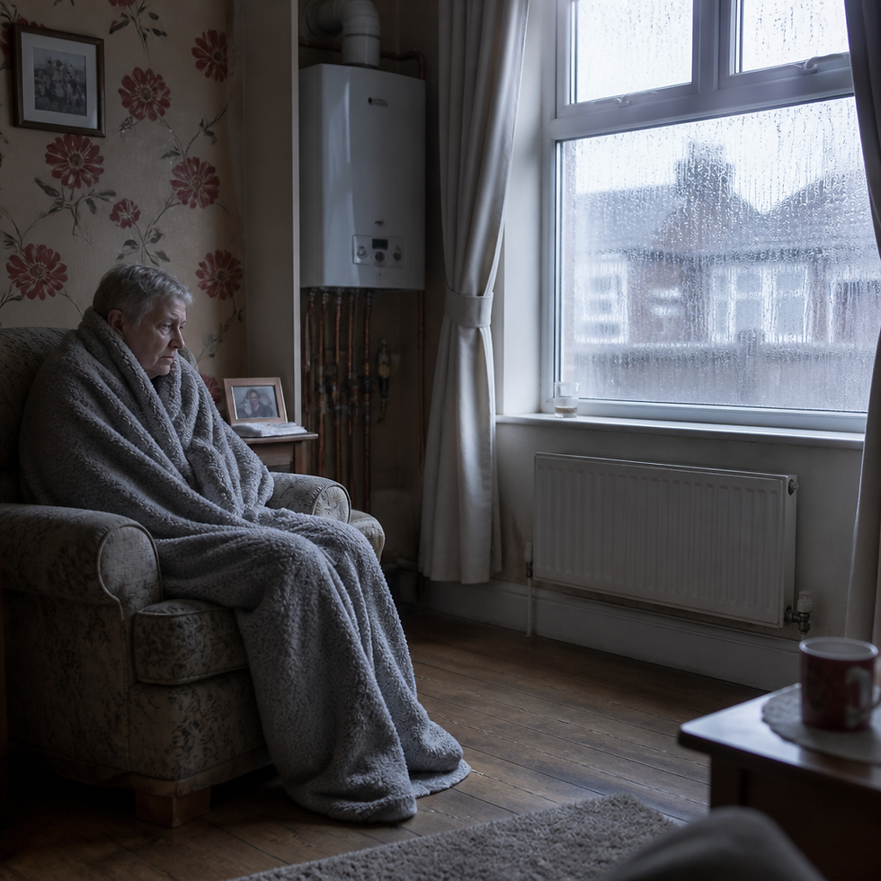 Cold living room in a Wigan terraced home with inadequate radiator heating on winter morning