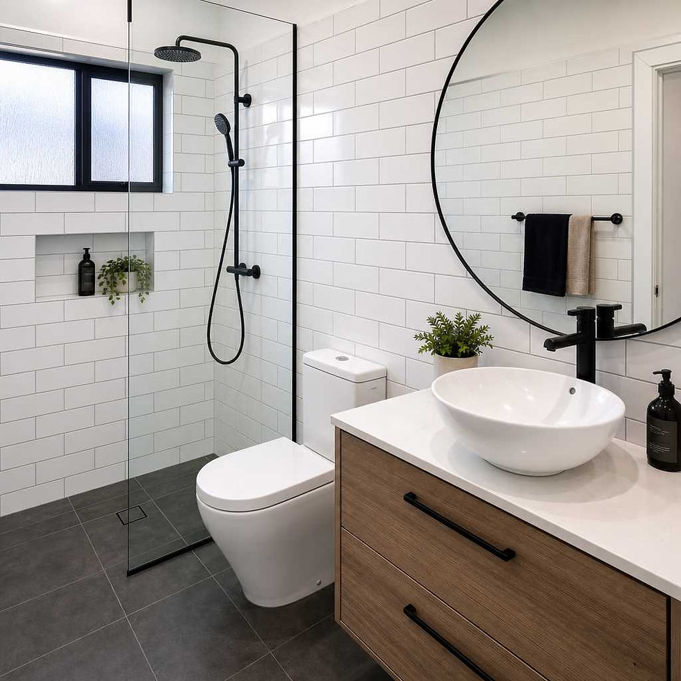 Finished bathroom installation with completed tiling, fixtures, and second fix work