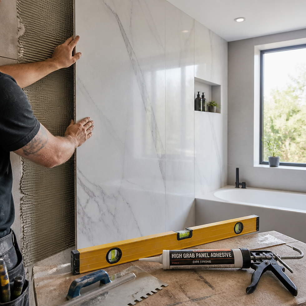 Bathroom wall panel installation showing professional tradesperson fitting large seamless sheets