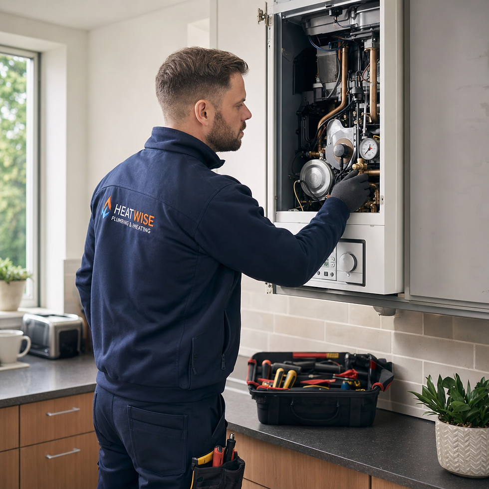 Heating engineer performing boiler inspection in residential kitchen