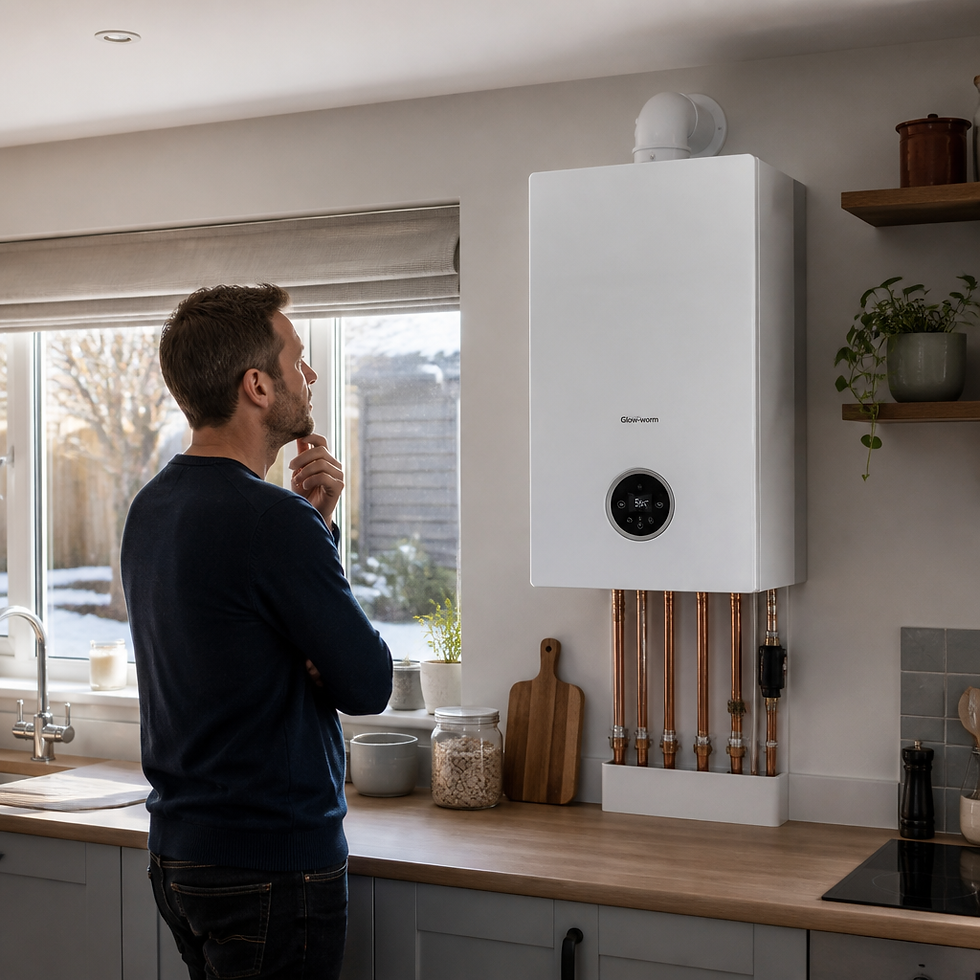 Modern white combi boiler installed in a bright kitchen with winter scenery visible through windows