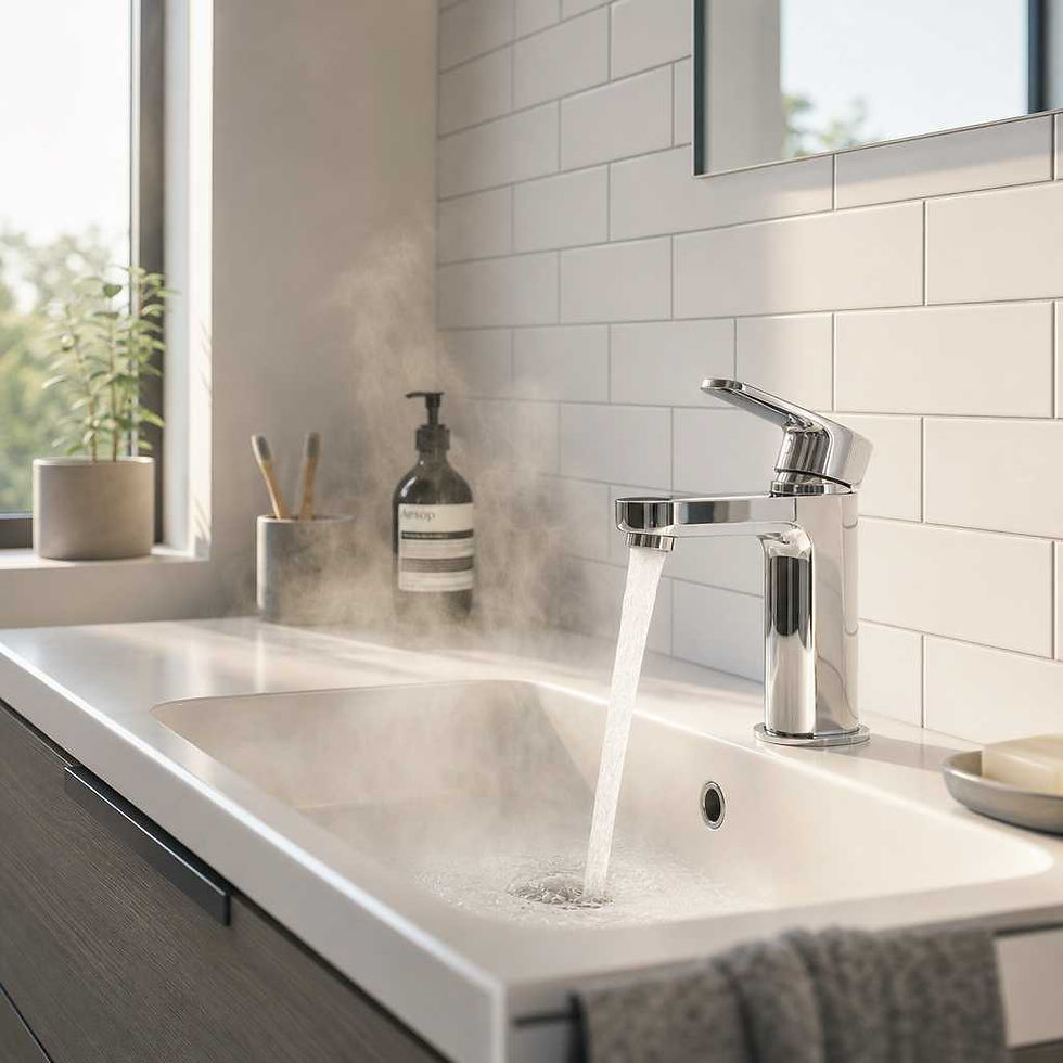 Modern bathroom tap with running hot water and steam