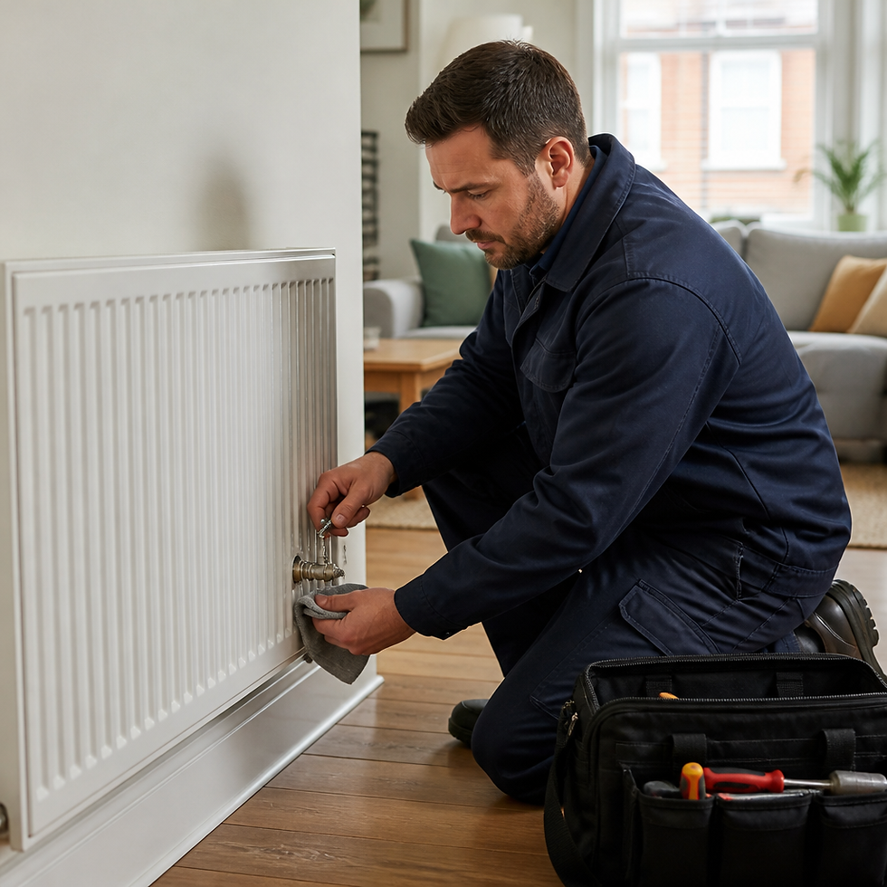 Heating engineer bleeding air from a radiator in a living room during a circulation pump replacement in Leigh.