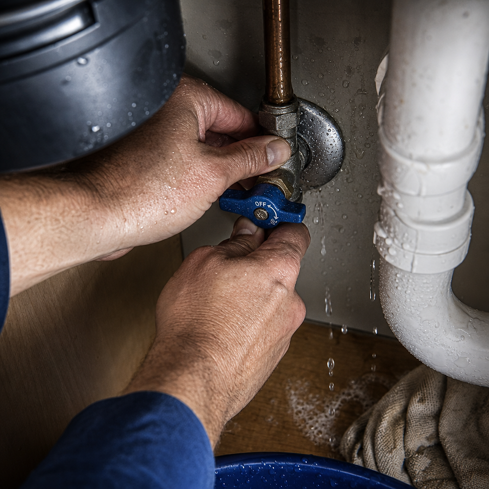 Hands turning off water stopcock under kitchen sink during emergency