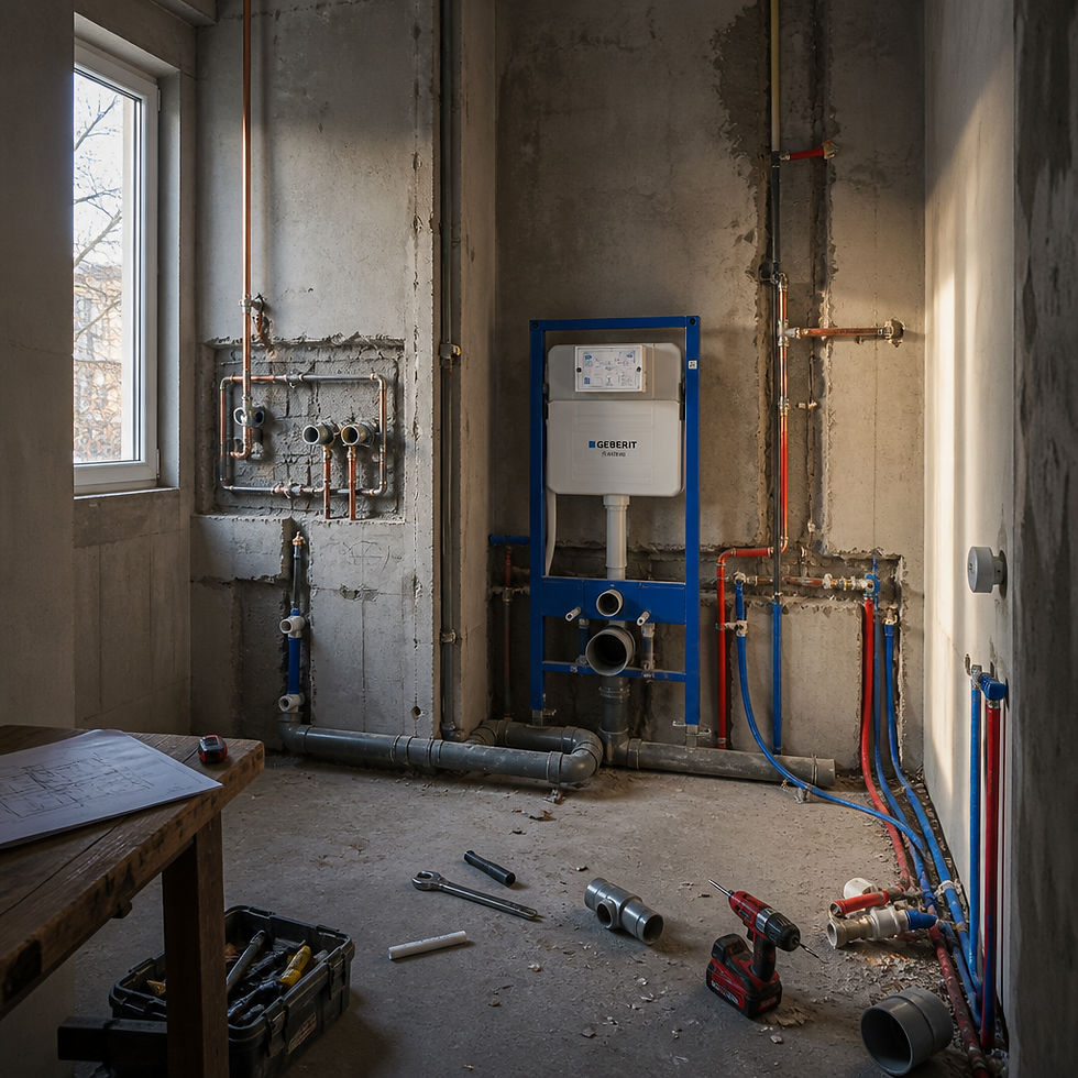 Bathroom under construction showing plumbing rough-in stage with exposed pipes and concrete walls