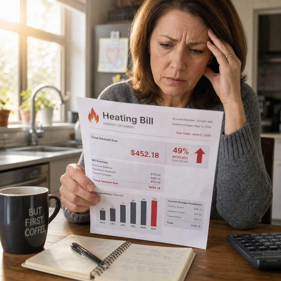 Homeowner reviewing high heating bills at kitchen table