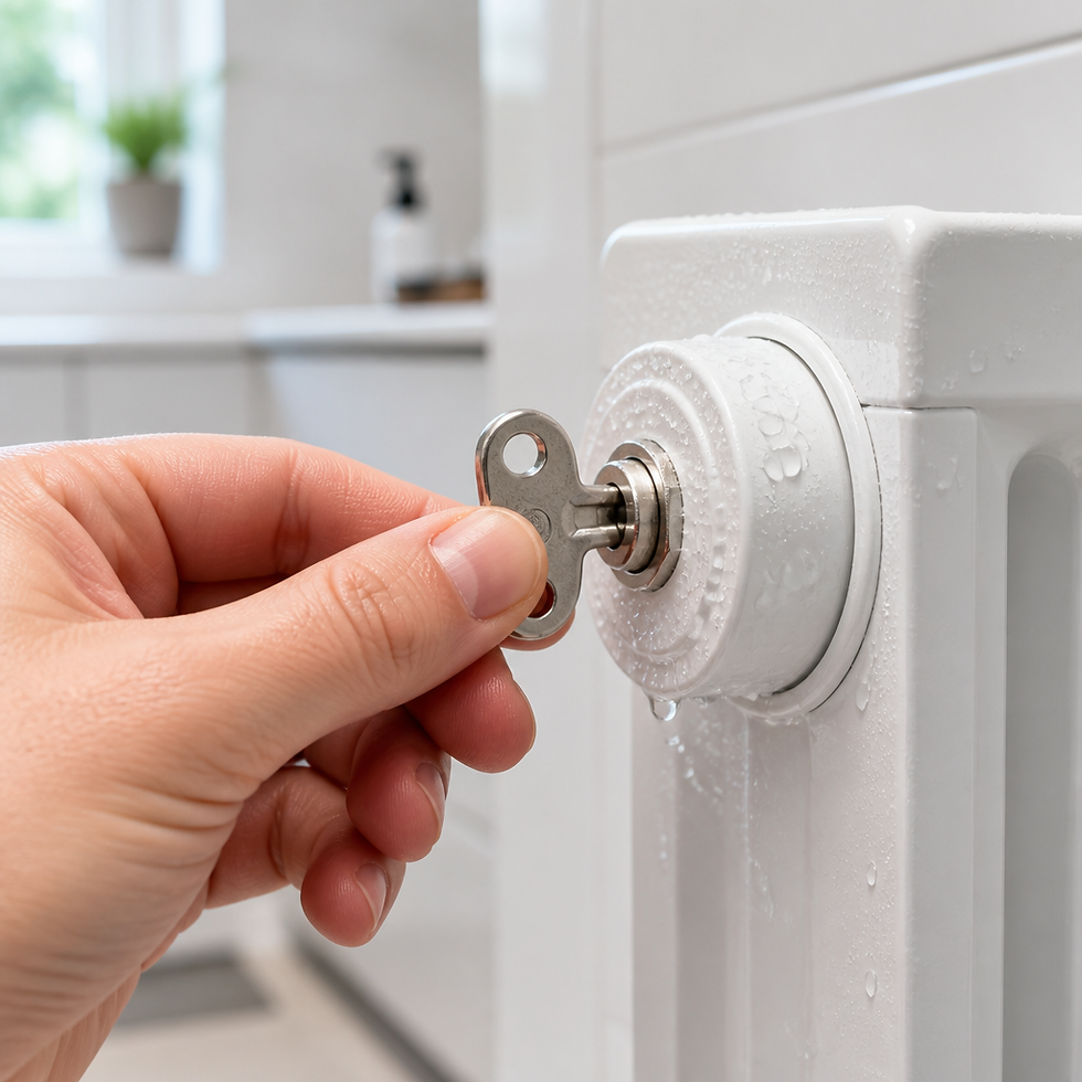 Hand using a bleed key on a radiator valve with water droplets