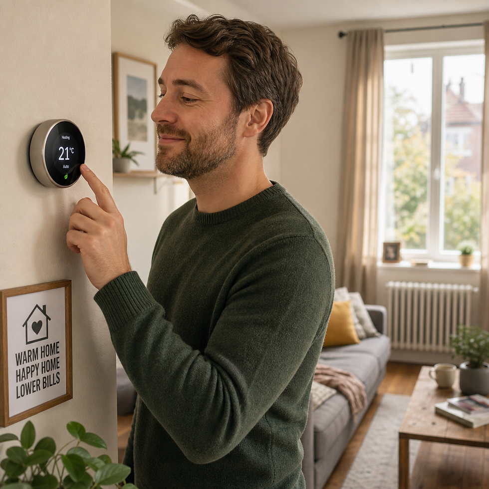Homeowner adjusting thermostat in a warm, comfortable living room with modern heating system