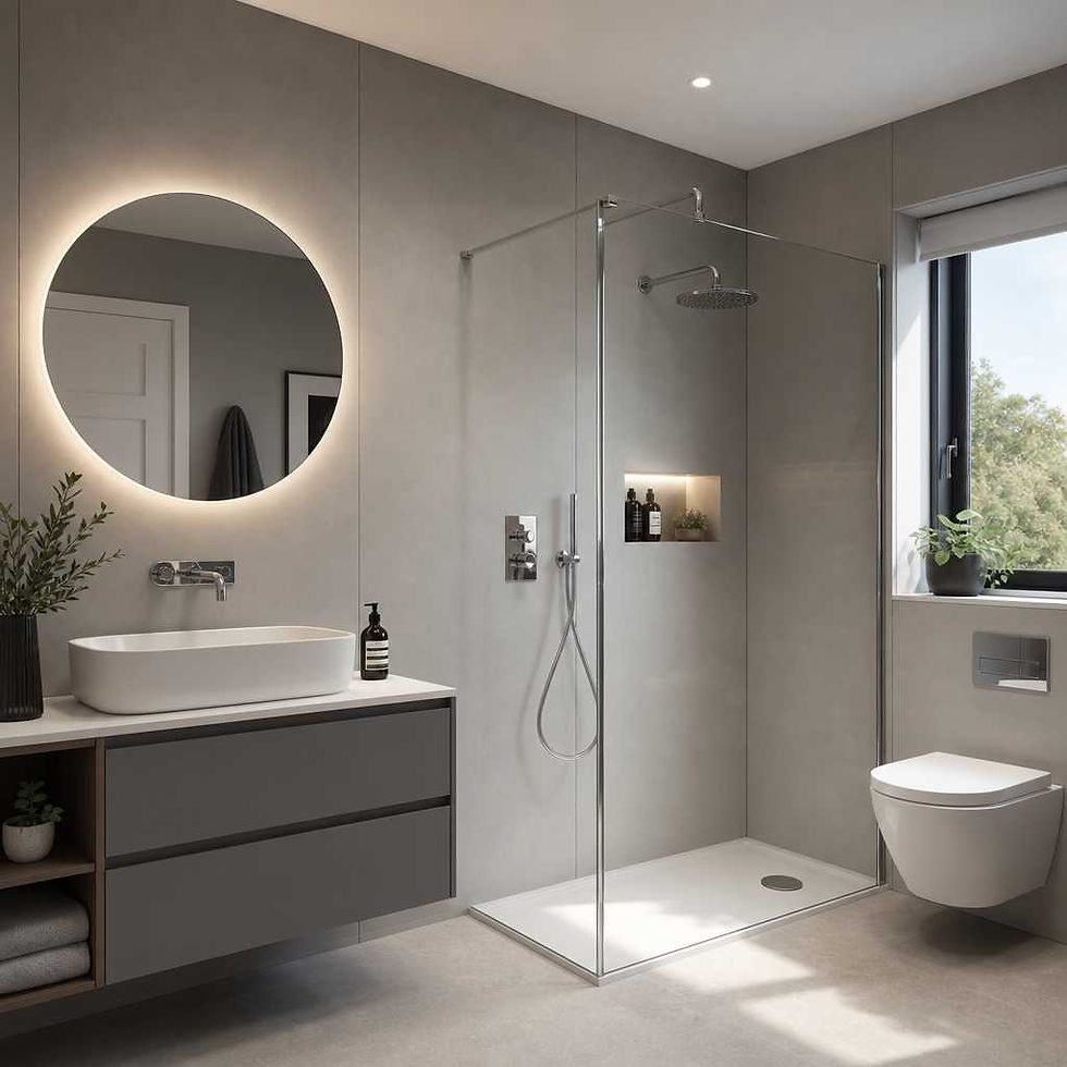 Modern bathroom with grey wall panels, chrome fixtures, and minimalist vanity