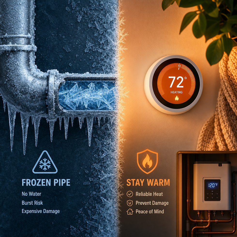 Frozen pipe encased in ice crystals alongside heating system controls, representing winter plumbing emergencies