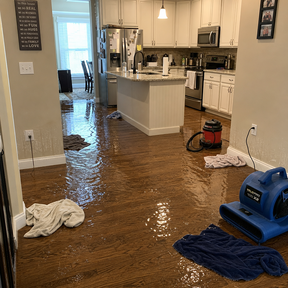 Kitchen flooded with water spreading across floor and near electrical outlets