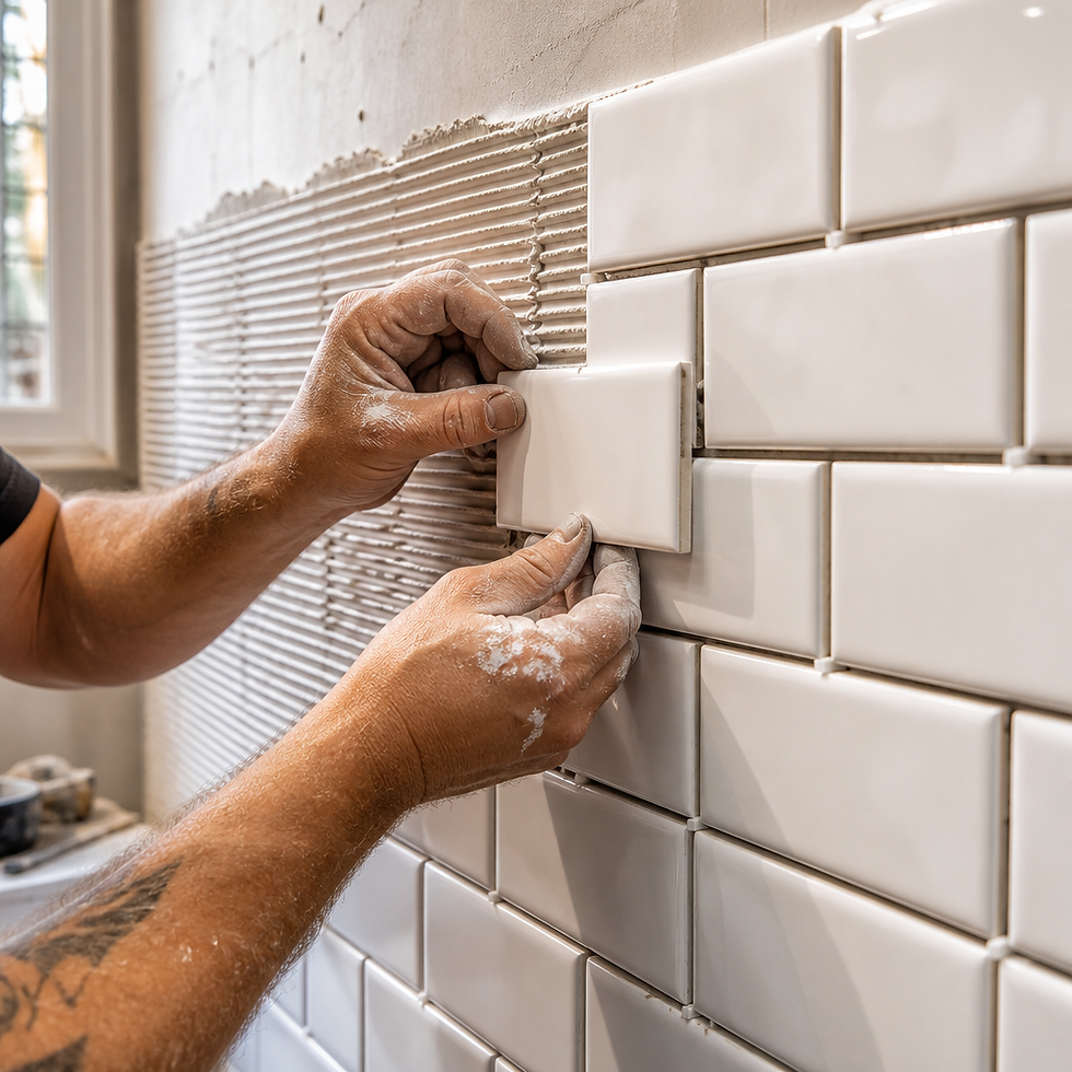 Tradesperson installing white subway tiles on bathroom wall during tiling phase
