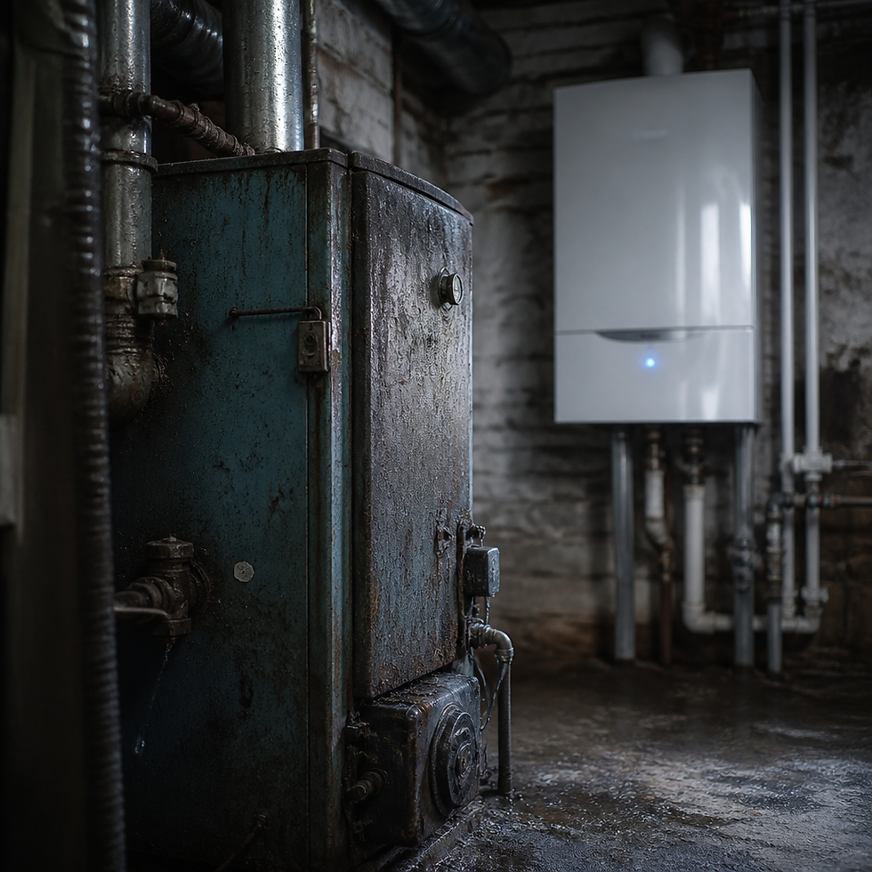 Worn, outdated boiler in a residential boiler room contrasted with glimpse of modern replacement unit