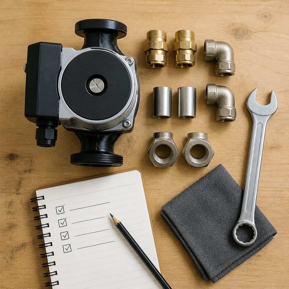 Replacement heating pump and plumbing fittings laid out on a workbench ahead of a circulation pump swap.