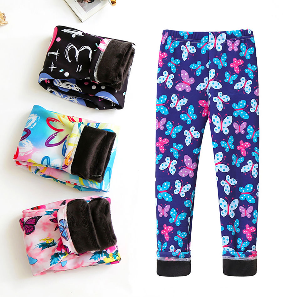 Thumbnail: Girls Warm Plush Long Pants for Autumn Spring Cartoon Butterfly Striped Soft Coz