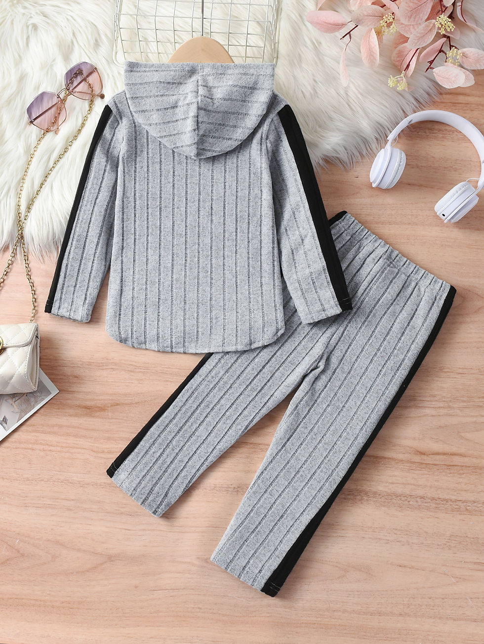 Thumbnail: Girls' Casual Ribbed Set Of 2 Pieces, Children'S Embroidered Long-Sleeved Hoodie