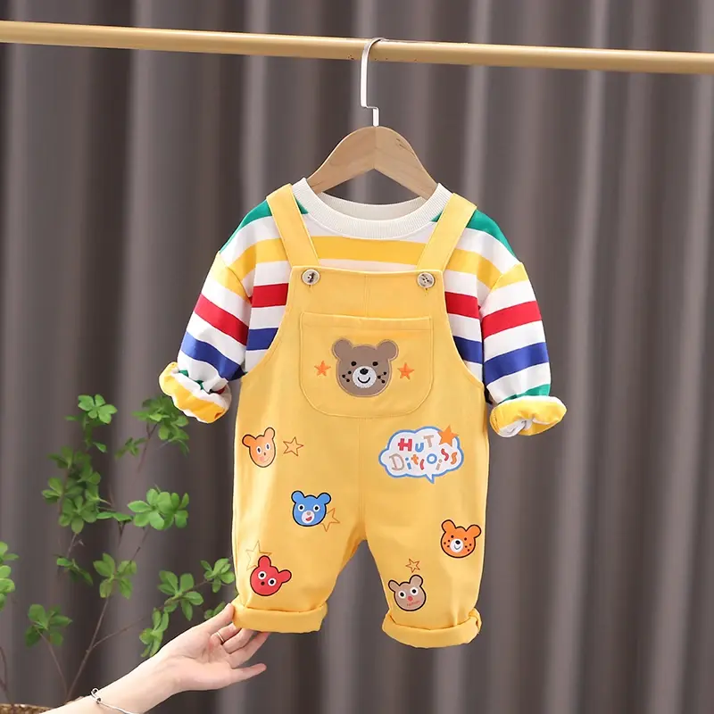 Spring Children Kids Boys Girls Clothes Infant Cartoon Bear Strips Shirt Overall