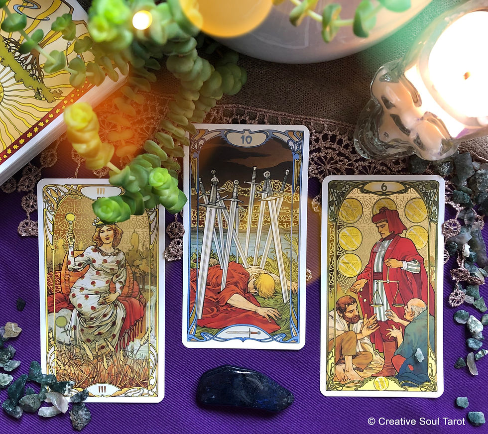 Tarot cards with crystals, a plant, and a skull candle