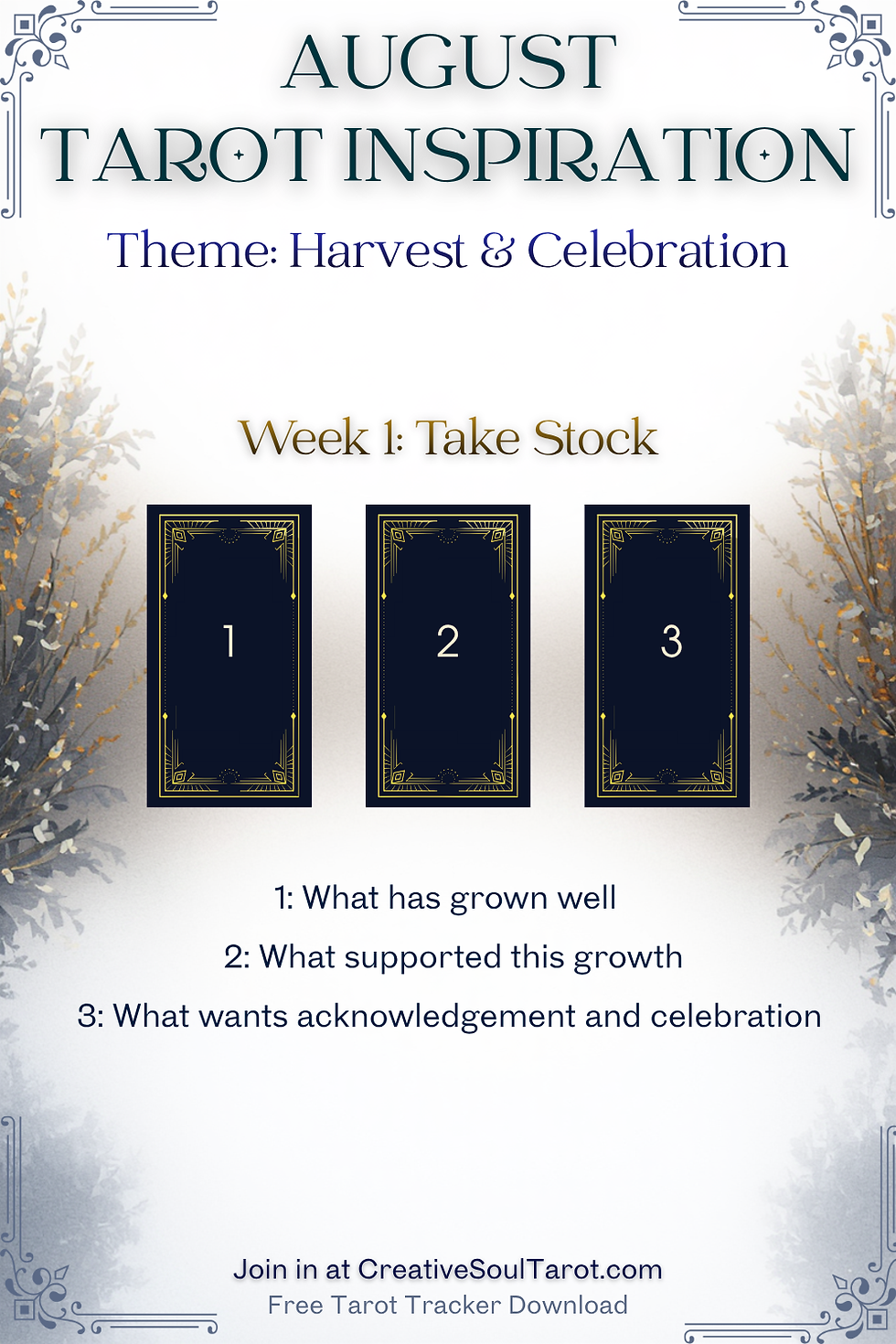 August Tarot Inspiration poster with three tarot cards, harvest theme, and Week 1 prompts on a white floral background.