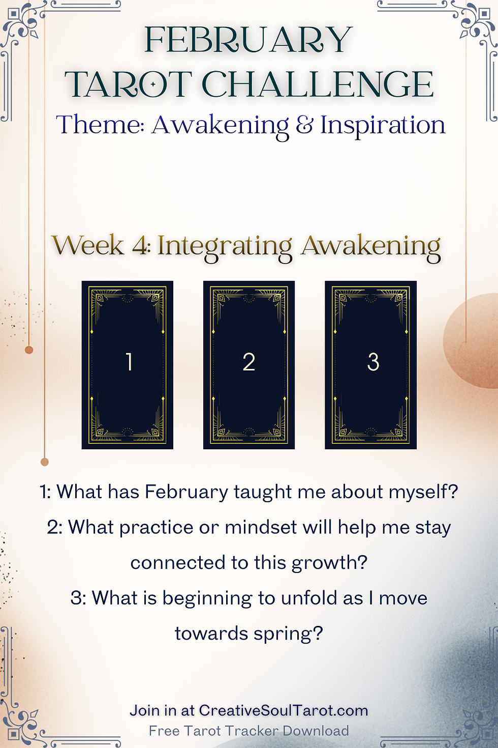 February Tarot Challenge poster with three cards labeled 1, 2, 3. Theme: Awakening & Inspiration. Questions reflect self-growth.