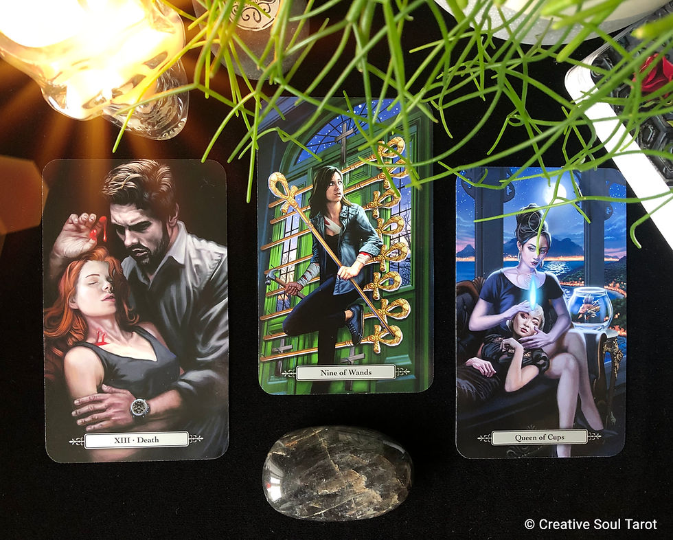 Tarot cards on a black cloth with a skull candle, a plant, and crystals