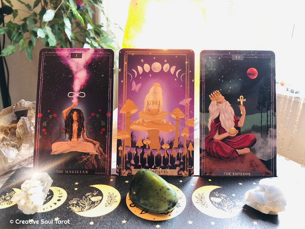 Tarot cards with crystals and a candle.