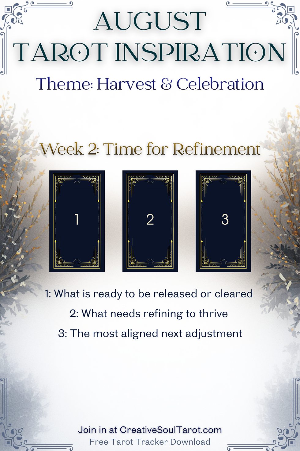 Poster reading August Tarot Inspiration, Harvest & Celebration, Week 2 Time for Refinement, with three tarot cards and prompts.