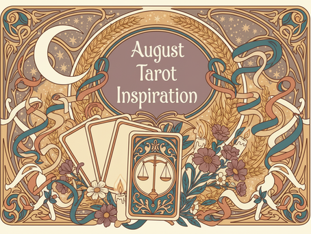 Art nouveau style header illustration featuring golden wheat sheaves, wildflowers, candles, a crescent moon and stars, and a fan of tarot cards with one central card showing balanced scales, with the title text “August Tarot Inspiration” in elegant decorative lettering.