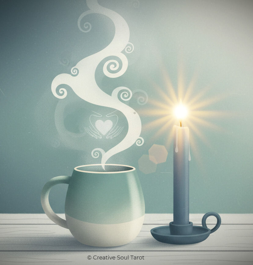 A teal mug with swirling steam beside a lit candle on a white surface; faint heart shape in steam; calm teal background.