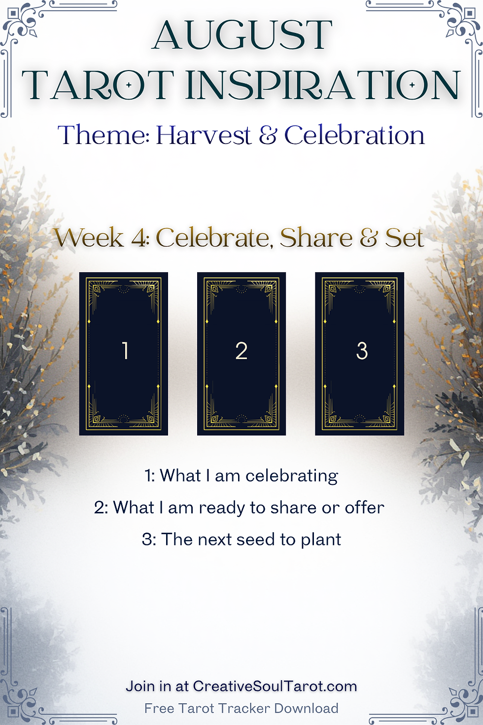 August tarot inspiration poster with three numbered cards, harvest theme, and prompts for celebrate, share, and plant.